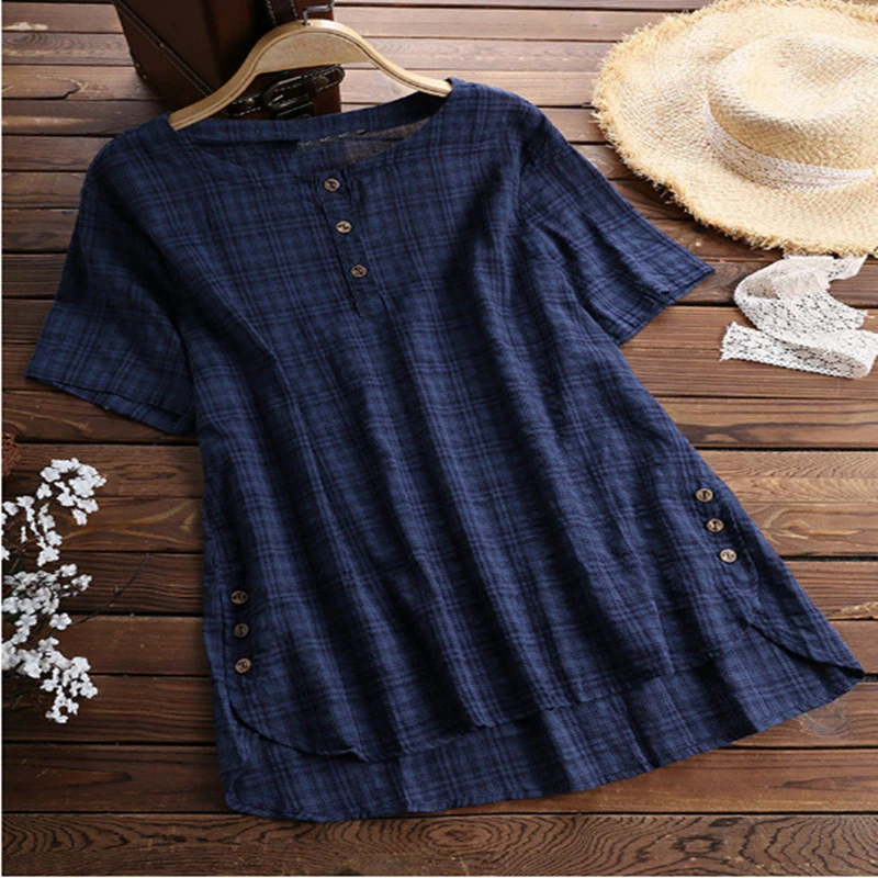 Navy Blue Женская рубашка большого размера плюс 4XL 5XL 6XL 7XL 8XL Летняя женская Повседневная рубашка с круглым вырезом и коротким рукавом - Цвет: Navy Blue