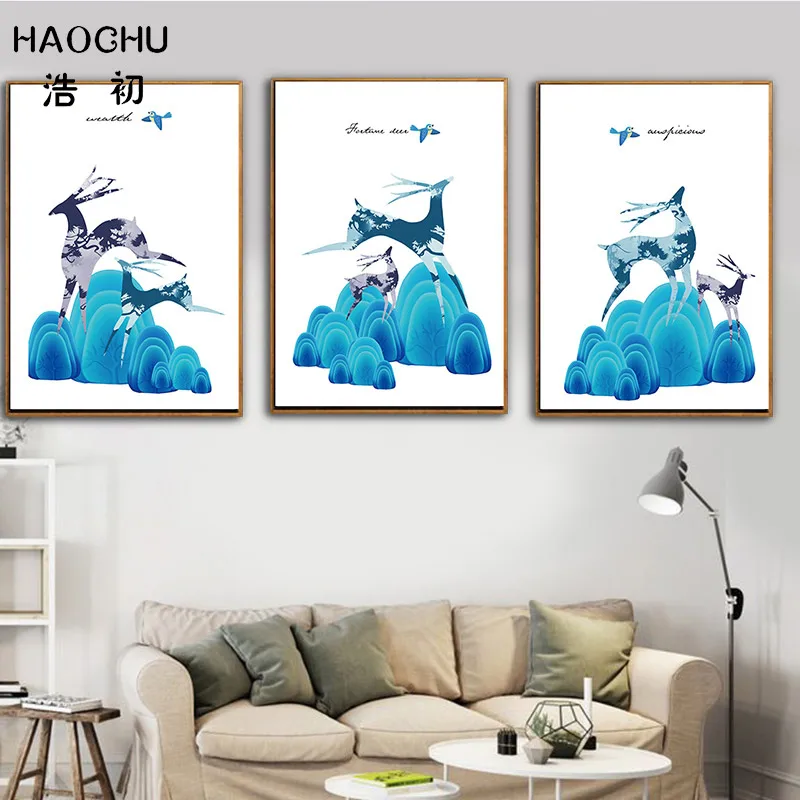 HAOCHU Европейский с голубым облаком и украшение Олень изображение Wall Art Deco