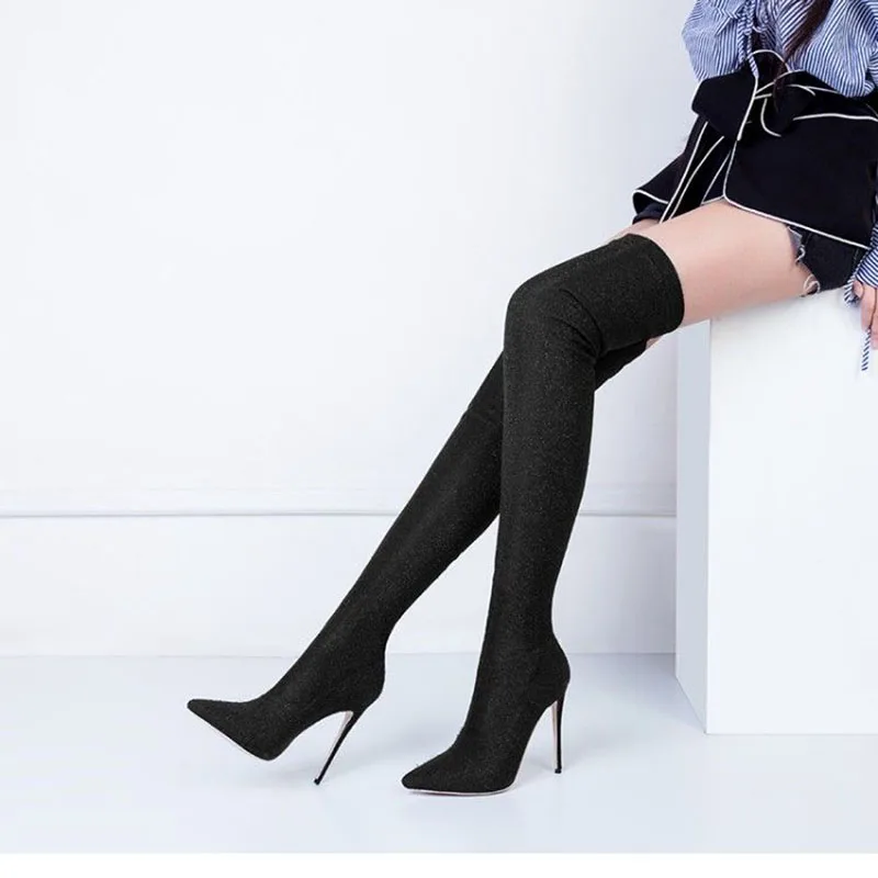 Женские Эластичные облегающие высокие сапоги с острым носком золотого зеленого