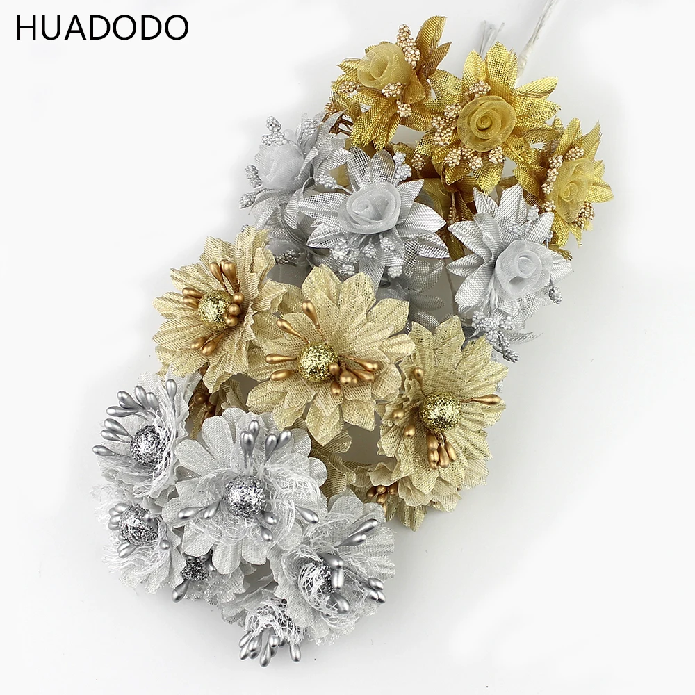 HUADODO 60 шт./лот, золотой, серебряный искусственный цветок с тычинками для скрапбукинга, свадьбы, декоративные цветы