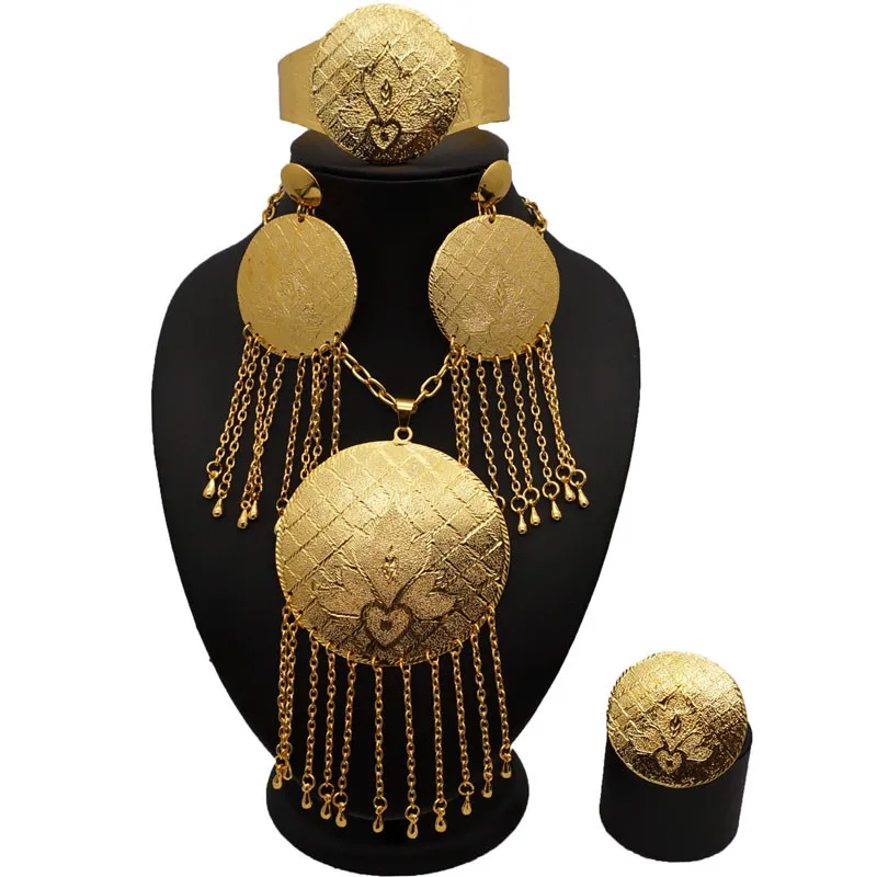 

Sexemara gold round chain tassel jewelry set tassel necklace earrings adjustable ring bracelet jewellery Dubai gold jewelry