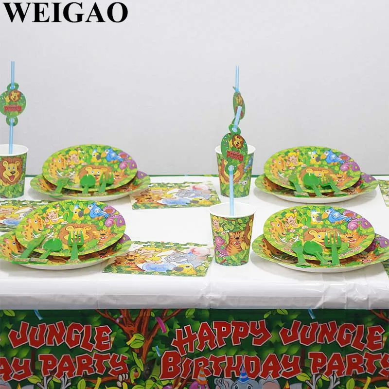 WEIGAO Джунгли животных день рождения одноразовая посуда лесные друзья сафари на тему зоопарка бумажный стаканчик, тарелка детский душ принадлежности