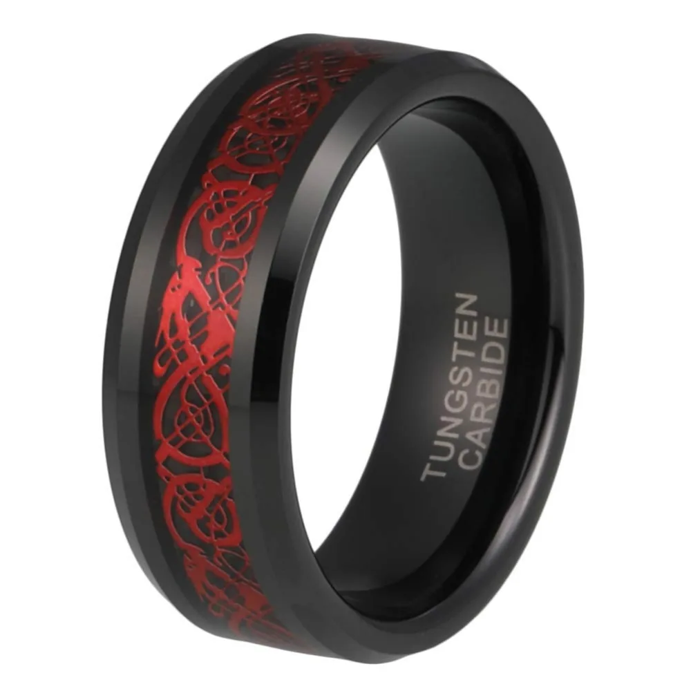 

Dragon Men's Rings 8mm Red Carbon Fiber Black Celtic Dragon Tungsten Carbide Ring Comfort Fit Wedding Band Size 7 to 12