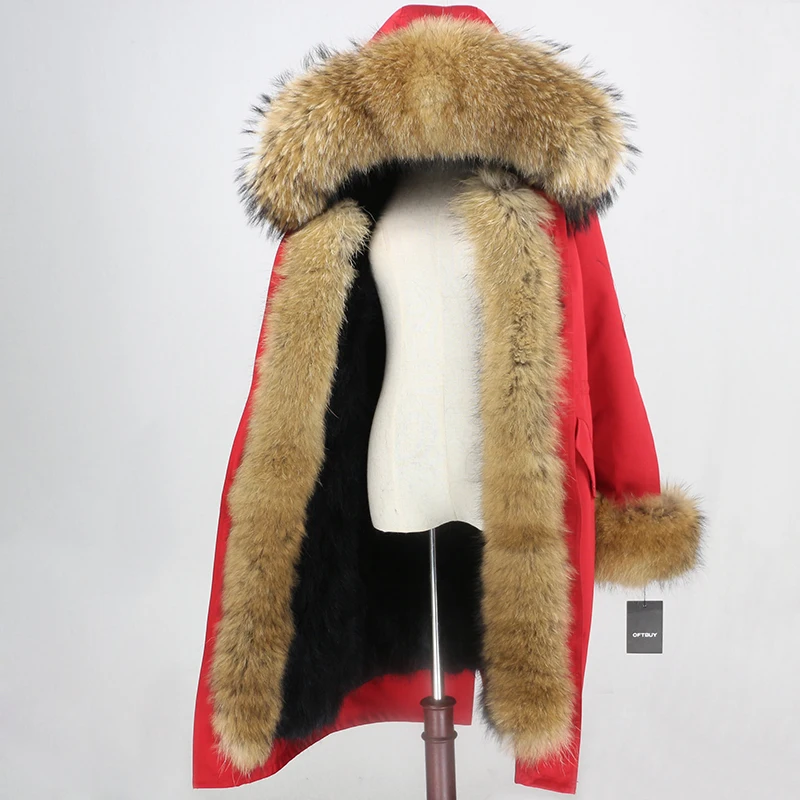 red natural OFTBUY X-long Parka водонепроницаемая верхняя одежда зимняя куртка женская шуба из натурального меха енота Капор из норки съемная меховая подкладка - Цвет: red natural