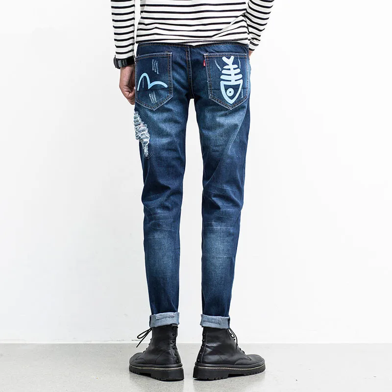 Мужские Джинсы Рваные 2017 Лето Slim Fit Узкие Мужчин Патч Прямо Уничтожить Мыть |