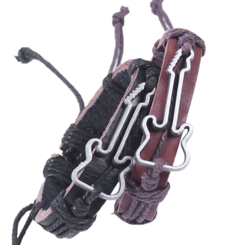 Винтажные браслеты из натуральной кожи Панк Полые Шарм в виде гитары кожаные для