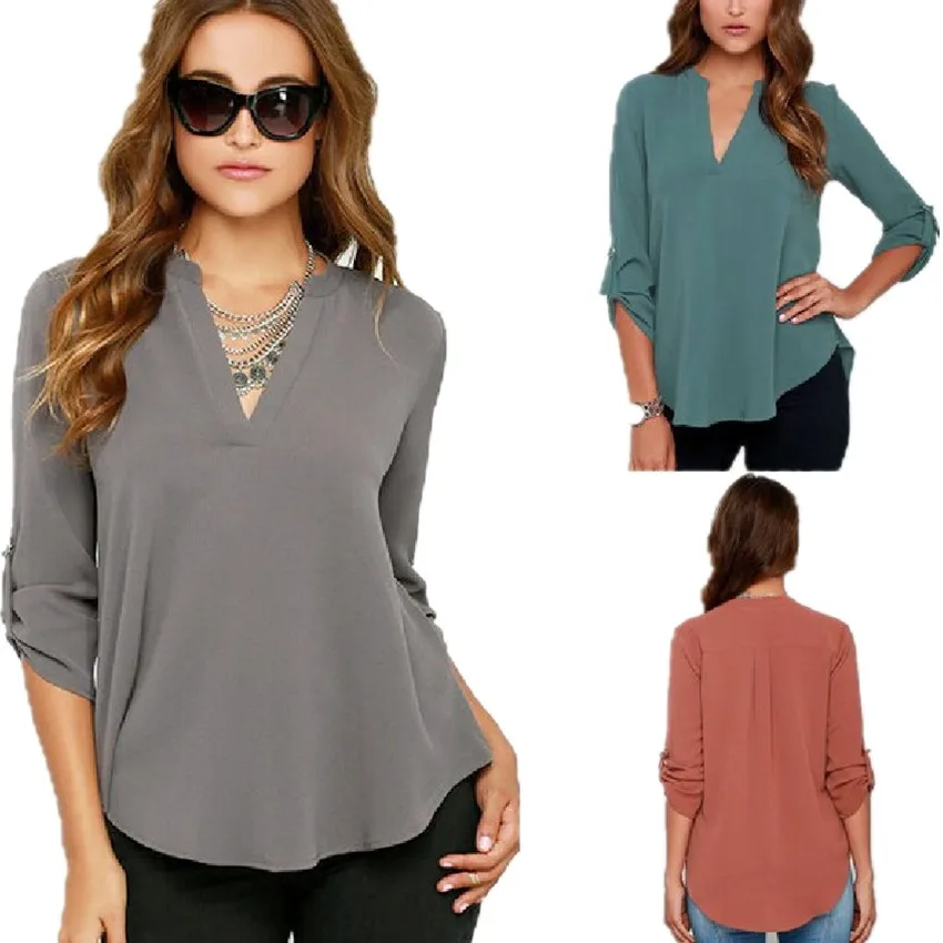 Блузка женская свободная с длинным рукавом и треугольным вырезом 2019|5xl blouse|chiffon