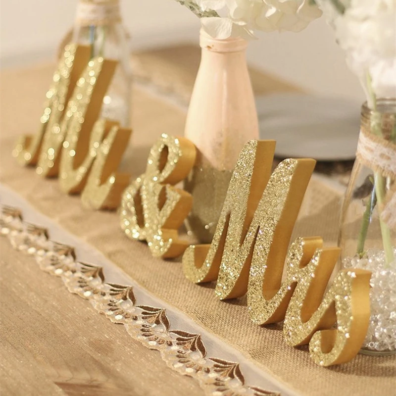 

Wedding Table Centerpiece Decoration Golden Silver Glitter Mr & Mrs Wooden Letter Wedding Marriage Photo Booth Prop Party Favors