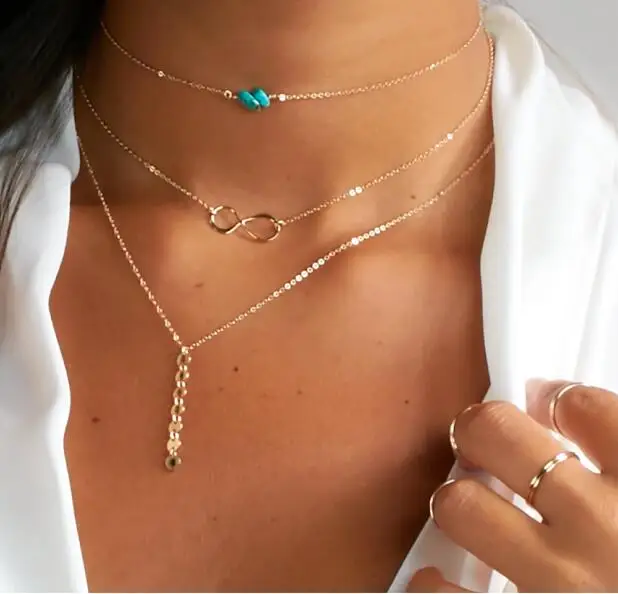 Многослойное ожерелье с бирюзой 3-слойное изысканное колье-цепочка изящное