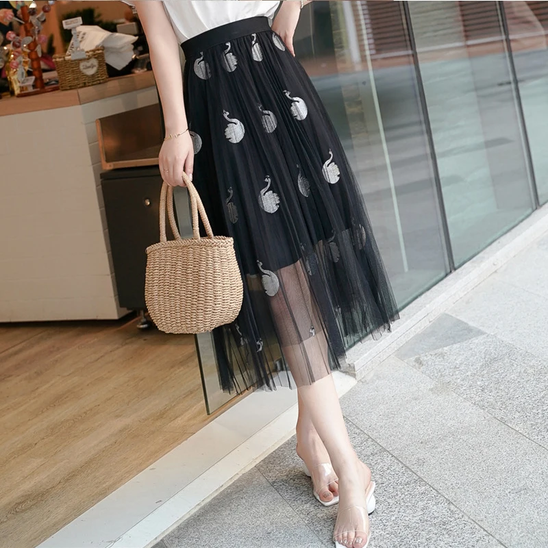 Длинная Плиссированная юбка большого размера с высокой талией черная сетчатая