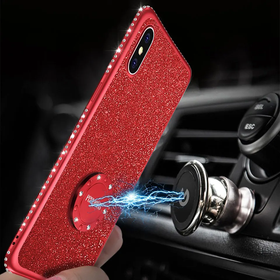 Diamond кольцевой магнитный держатель Case для iphone X XR XS MAX 7 Plus 6s крышка блеск samsung
