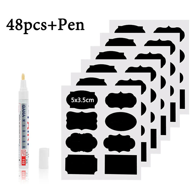 48pcs 8 shape 48 шт./компл. Водонепроницаемый доске Кухня Spice наклейки этикетки дома Варенье Jar ярлыки на бутылки этикетки для досок Наклейки с маркером банки для хранения наклейки для стен наклейка баночки - Цвет: 48pcs 8 shape