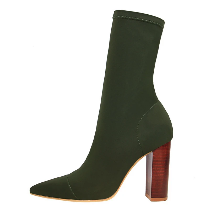 Army Green Boots Baimier/женские сапоги-носки из эластичной ткани в армейском стиле; ботильоны для женщин с острым носком без застежки; женские ботинки на высоком каблуке с деревянным лицевым покрытием - Цвет: Army Green Boots