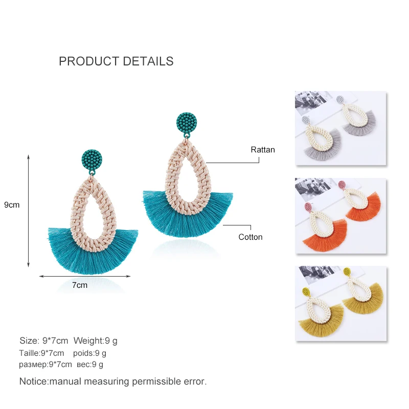 STRATHSPEY Handmade Tassel Earrings For Women Geometric Straw Rattan Earring Ethnic Wood Fringe Earing pendientes | Украшения и