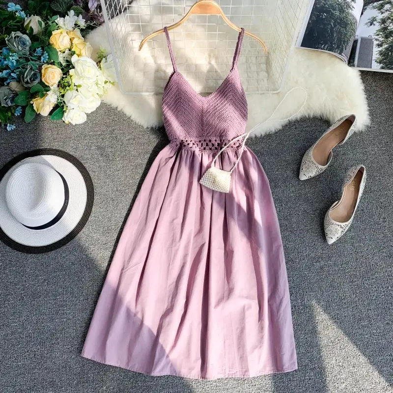 2019 новые модные женские платья Свежий ажурный трикотаж строчка v образным