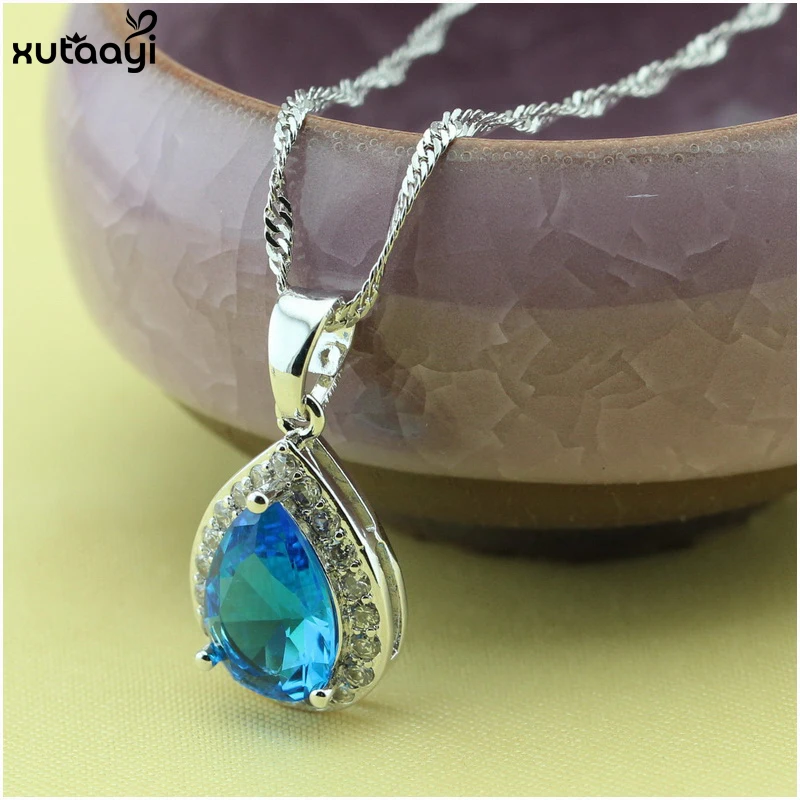 XUTAAYI Silver colorDrop Jewelry Sets For women Blue Cubic Zirconia White CZ Fancy Wedding Necklace/Rings/Earrings Set | Украшения и