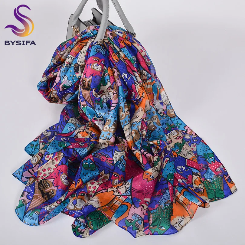 

[BYSIFA] New Cartoon Cats Silk Scarves For Women New Luxury Brand 100% Silk Long Scarf Shawl Winter Blue Pink Neck Head Scarves
