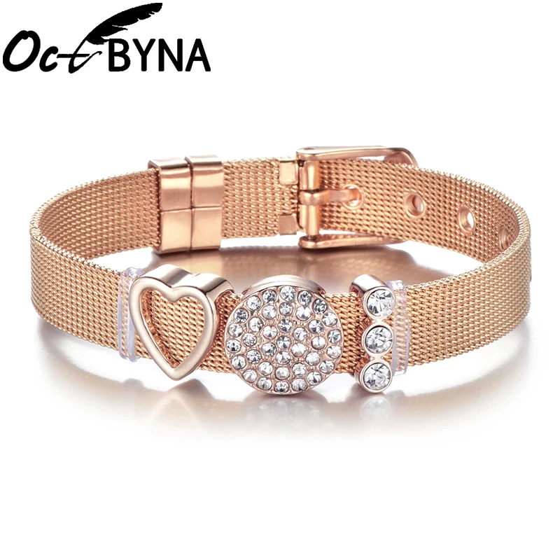 Octbyna DIY браслет из нержавеющей стали со стразами, сетчатый Браслет для женщин, металлический Регулируемый тонкий браслет