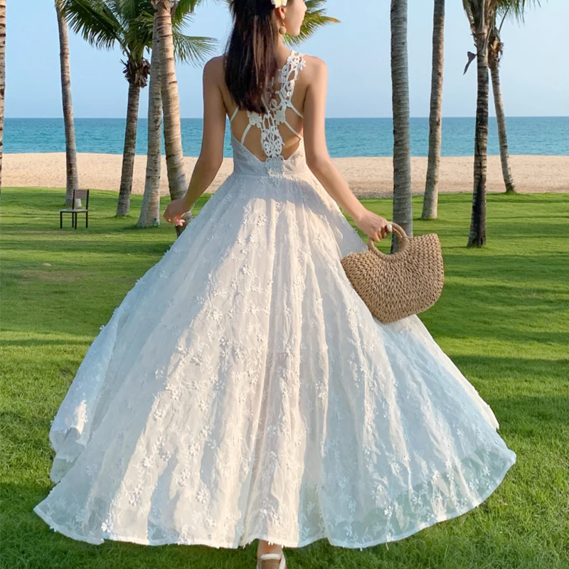 Новое пляжное платье для отдыха на море, женское белое длинное платье с v-образным вырезом на спине без рукавов для девушек, летняя одежда