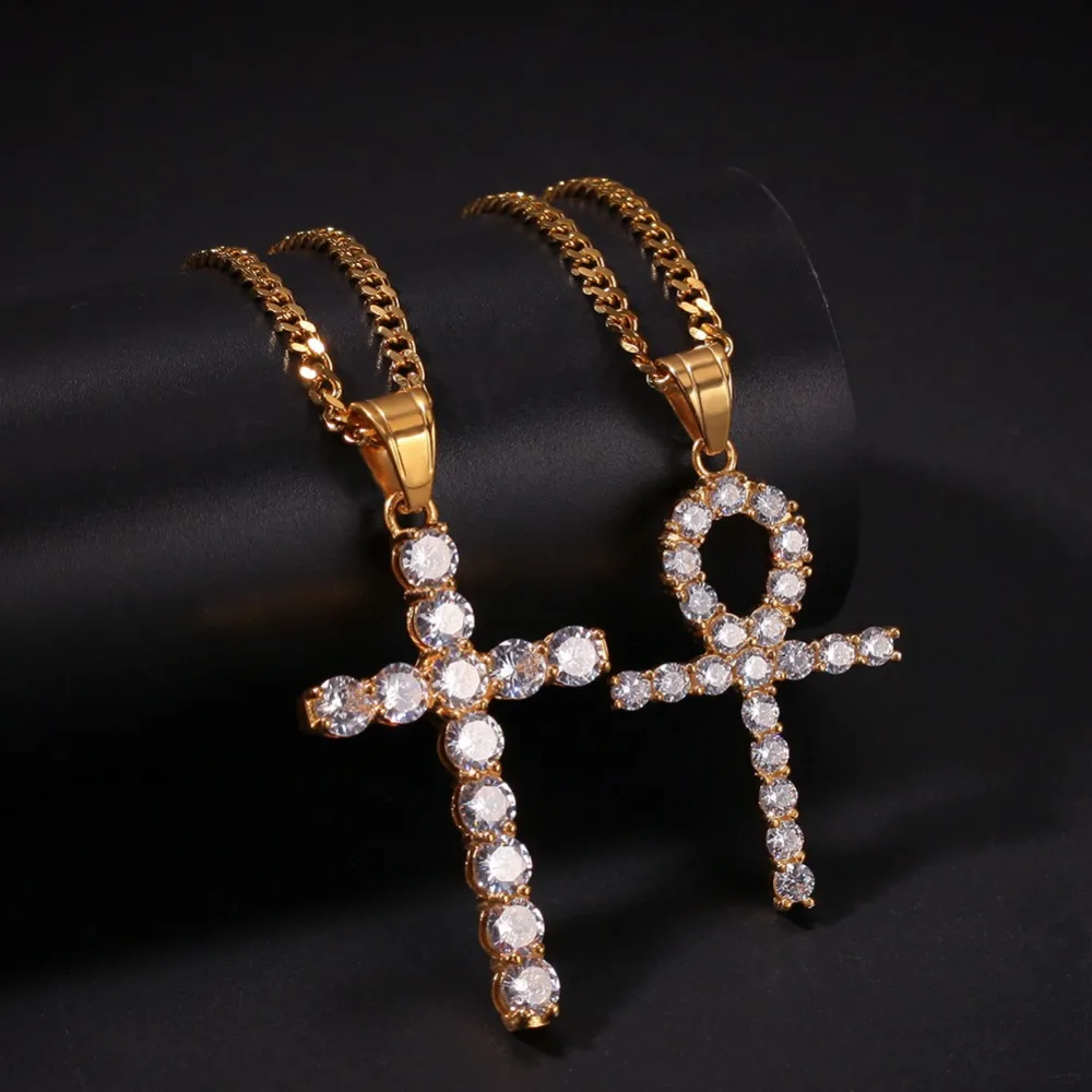 В стиле хип хоп AAA CZ камни Bling лед из анхом Подвески с крестом двумя подвесками