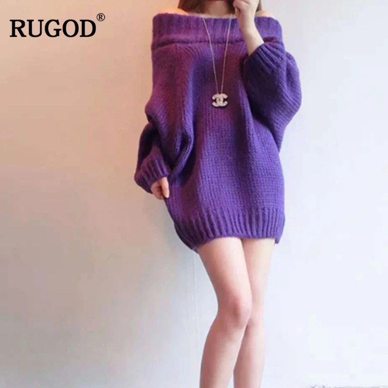 Новинка длинный женский свитер RUGOD с открытыми плечами однотонные свободные