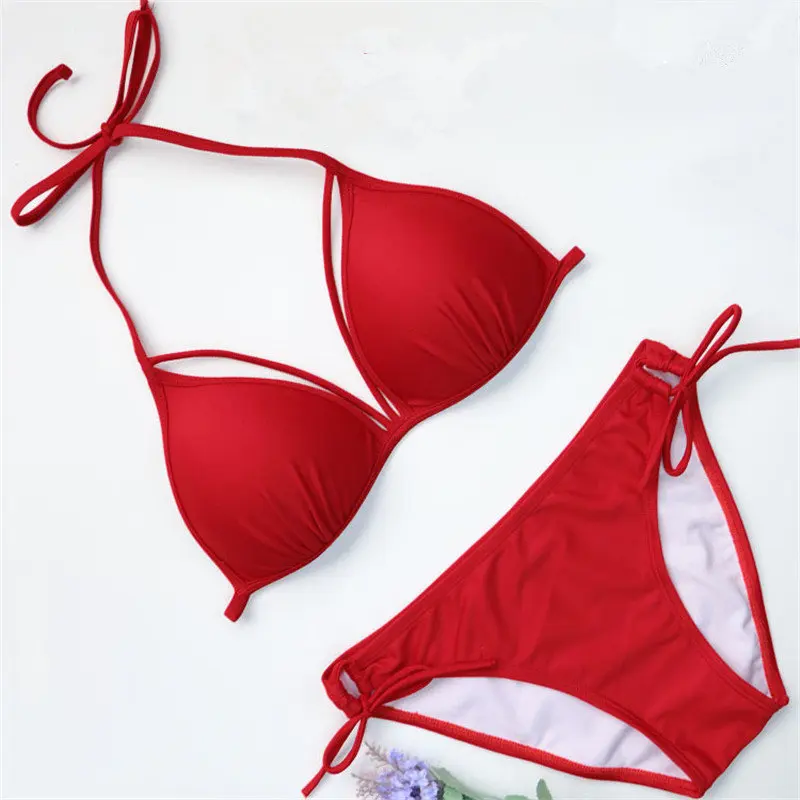 

[NODELAY] 2021 Bandage Women Swimsuit Bikinis Sexy Triangle Beach Biquini red Swimwear Female Bikini Set Push Up Halter top Swim