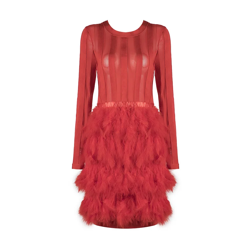 Новинка 2017 черный белый красный длинный О образным вырезом сетки Перья Длинные