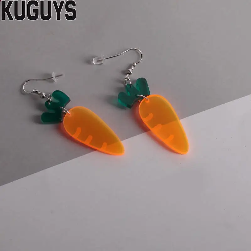 KUGUYS Fashion Jewelry Cute Carrot Earrings for Womens Pendientes Clear Acrylic Food Drop Earring Oorbellen Brincos Accessories | Украшения