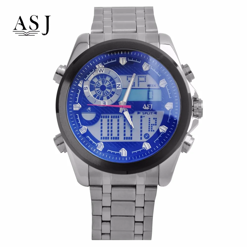 ASJ двойной дисплей мужские часы спортивные водонепроницаемые светодиодный