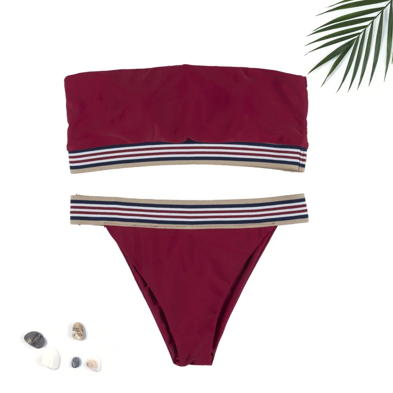 Для женщин низкой талией Мягкий пляжные бикини Летний Полосатый Лоскутная бинты