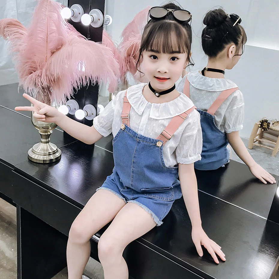 Комплект одежды для девочек белая блузка + джинсовый комбинезон летняя одежда из