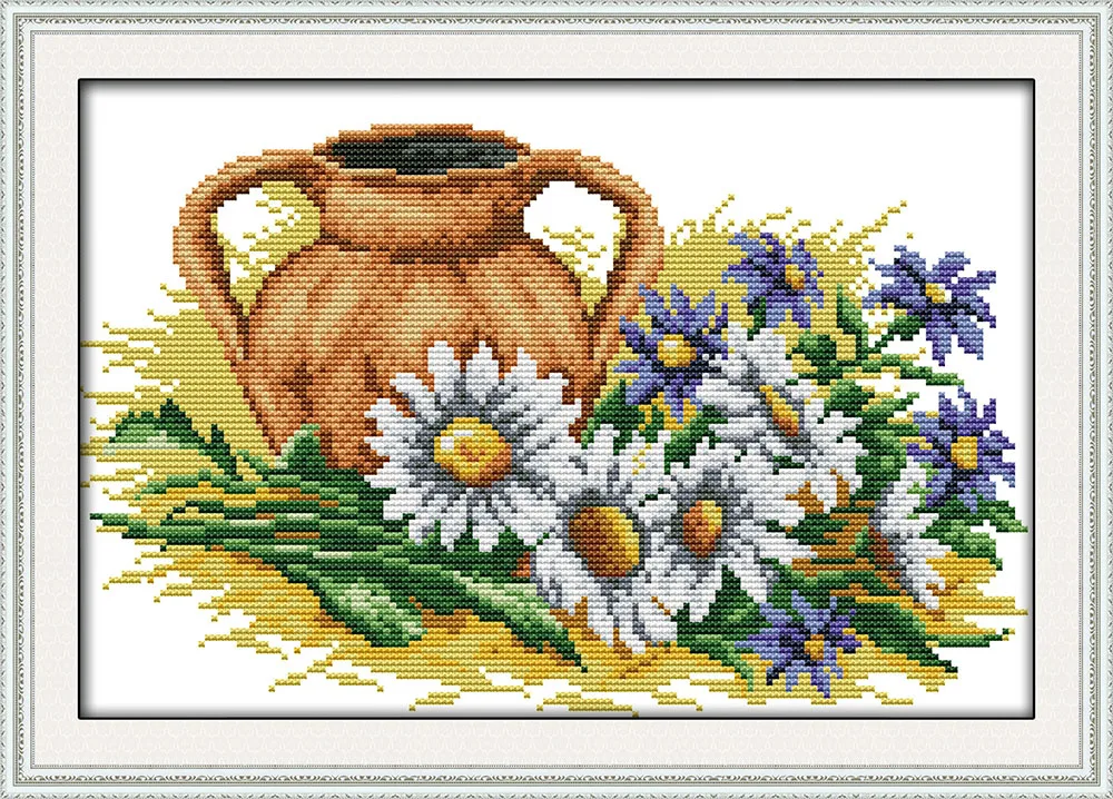 

Daisy and pot cross stitch kit flowers Aida count 18ct 14ct 11ct print embroidery DIY handmade needlework supplies bag