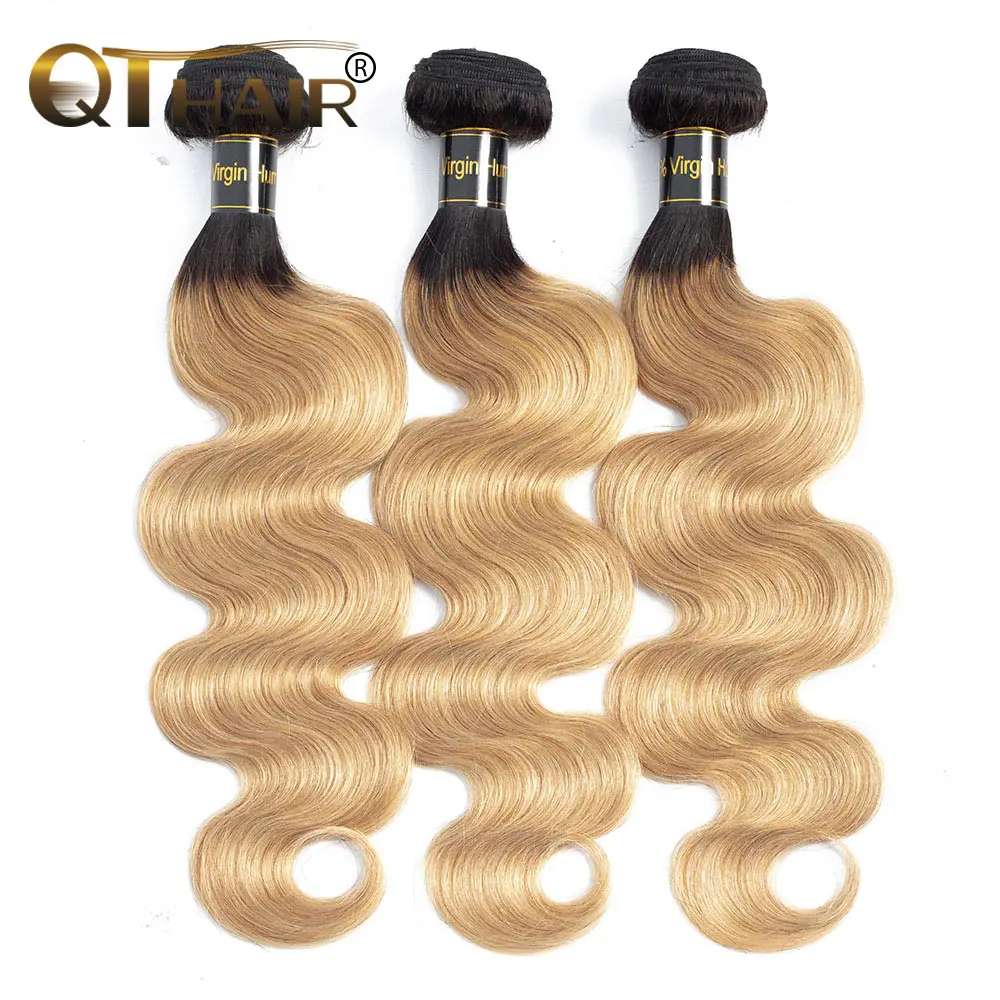 QT Bleach Blonde Ombre Human Hair 3  Bundles Dark Roots T1B/27 Pre-Colored Ombre Peruvian Body Wave Remy Hair Bundles