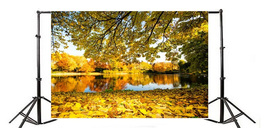 Laeacco Autumn Trees Fallen Yellow Leaves Lake Natural Scenic Photography Backgrounds Photographic Backdrops For Photo Studio |