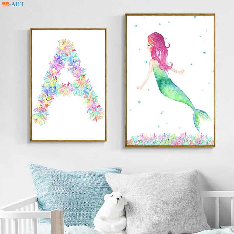 Cartoon Mermaid Canvas Painting Poster Print for Nursery Wall Art in Little Girls Room or Kids Bathroom Home Decor image 3