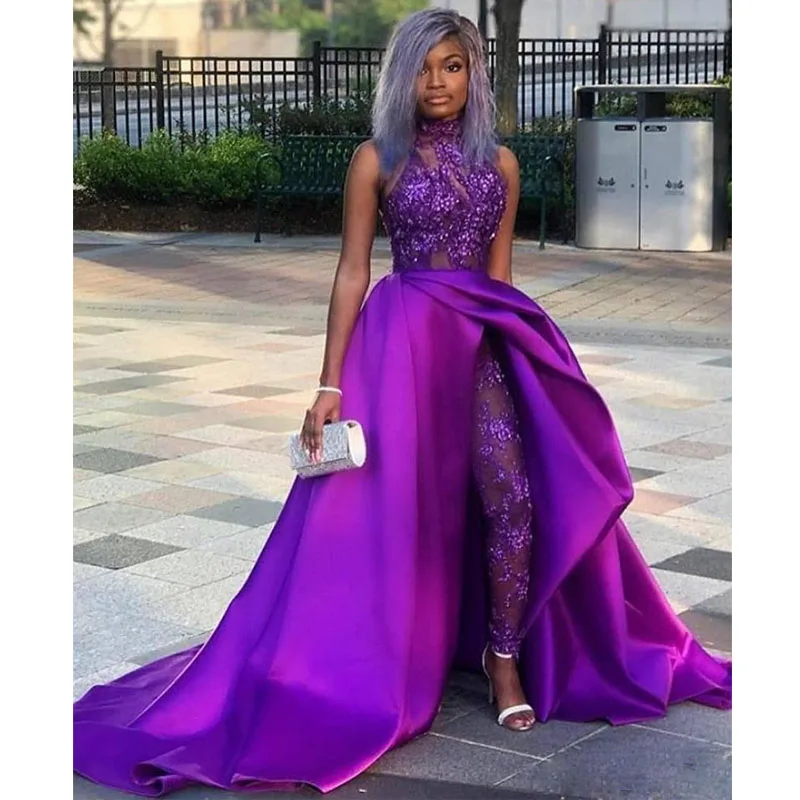 Purple Jumpsuit Evening Dresses Halter Sequined Appliques With Detachable Train Special Occasion Dress Satin African Gowns