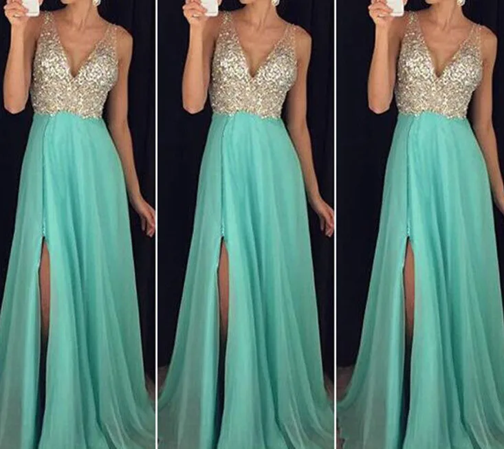 Женское длинное вечернее платье с блестками и глубоким V образным