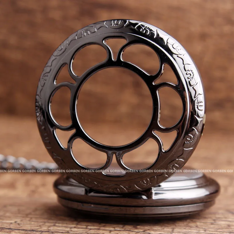 Retro Black Flower Hollow Mechanical Pocket Watch For Mens Steel Steampunk Unique Womens Mens FOB Chain Pocket Watches Gifts Box