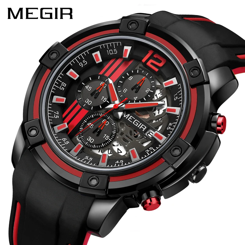 

MEGIR 2019 New Mens fashion Sport Chronograph Watches Silicone Band Big Dial Military Quartz Watch Men Clock Relogio Masculino