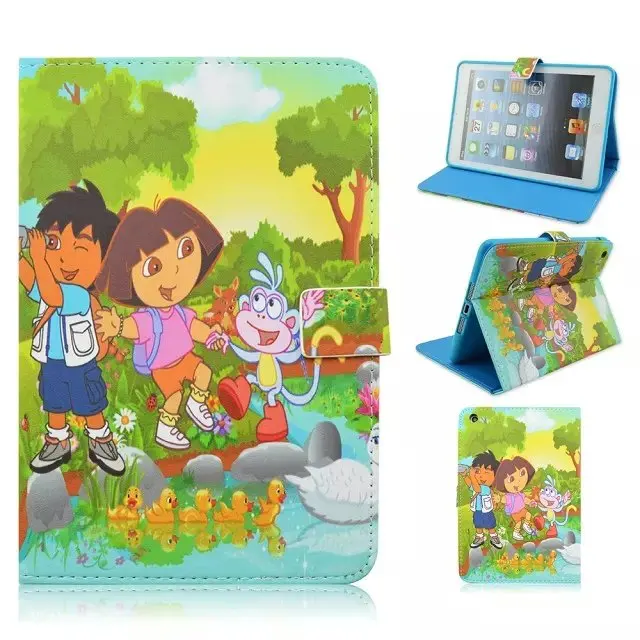 Hot sell Dora the Explorer Cartoon Style PU Leather Flipstand with blue soft back Case Covers Free shipping For ipad 2/3/4 |