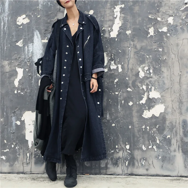 

[LIVIVIO] Oversize Denim Long Sleeve Trench Coat Women Side Split Button Down Ladies Fashion Black Windbreaker 2019 Autumn New