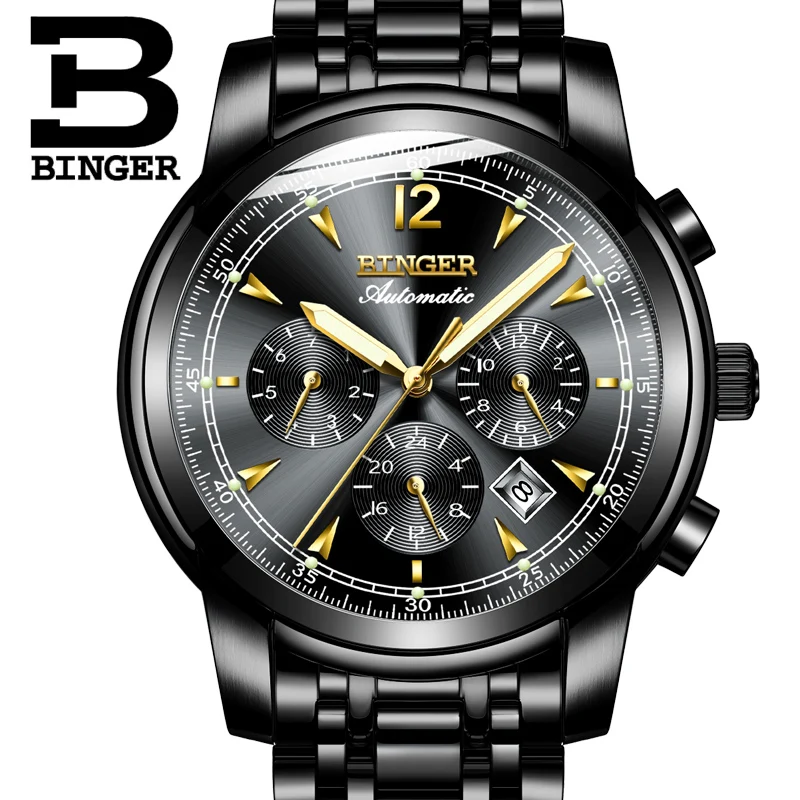 Montre homme Switzerland BINGER модные автоматические часы для мужчин 24 с календарем неделя