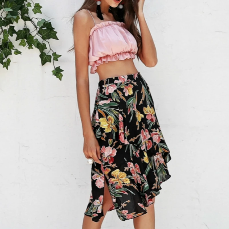Юбка женская шифоновая с оборками и цветочным принтом завышенной талией|Женские