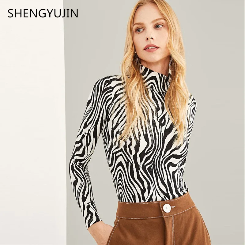 SHENGYUJIN черно-белые пуловеры с высоким горлом и принтом зебры футболка длинными