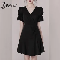 indressme 2019 new women party dress black dress v neckline puff short sleeves a line fit loose classic fashion mini dress