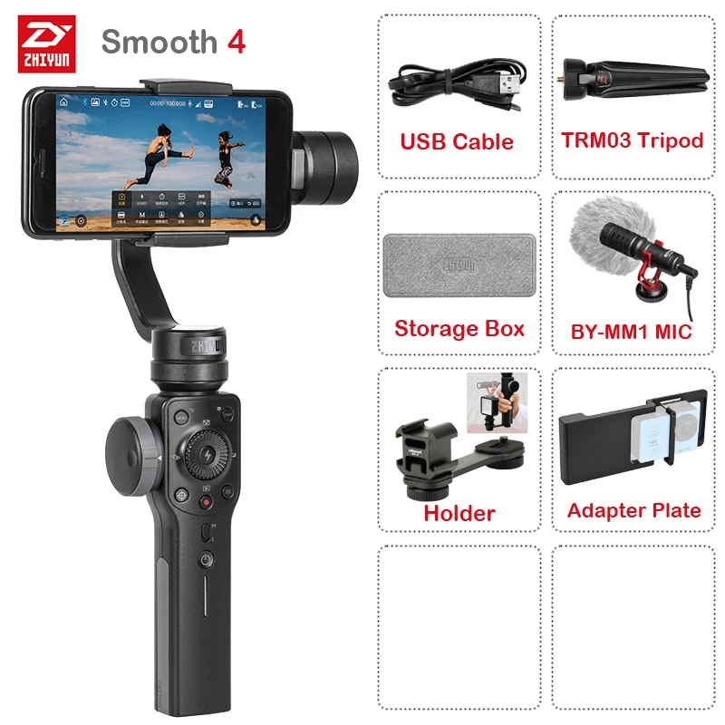 Smooth 4 Black-Kit 5 Zhiyun Smooth 4 3-осевой Ручной Стабилизатор на шарнирном замке для смартфона фокусировки камеры для iPhone X 8 7 6 Plus для samsung Galaxy S9+ S9 S8+ S8 - Цвет: Smooth 4 Black-Kit 5