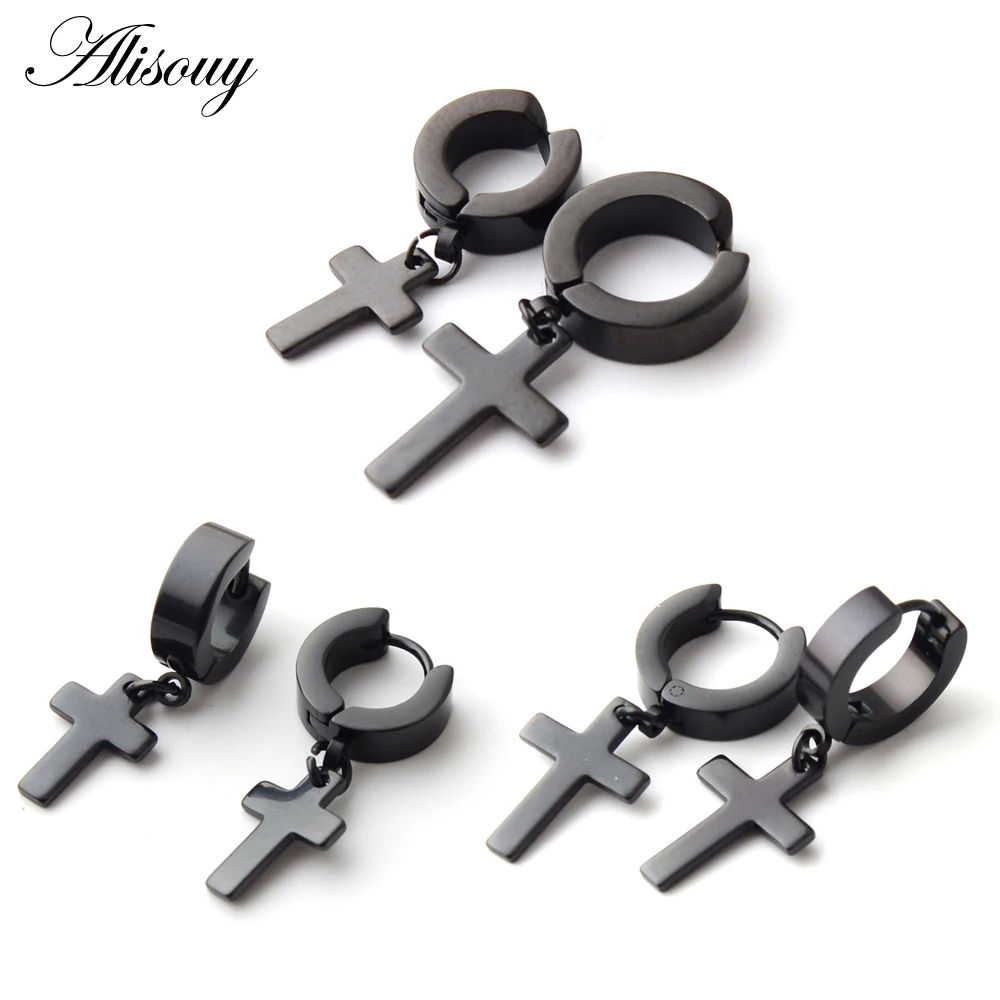 

Alisouy Men Women Stainless Steel Punk Dangle Earrings Cross Huggie Earrings Circle Simple Ear Buckle