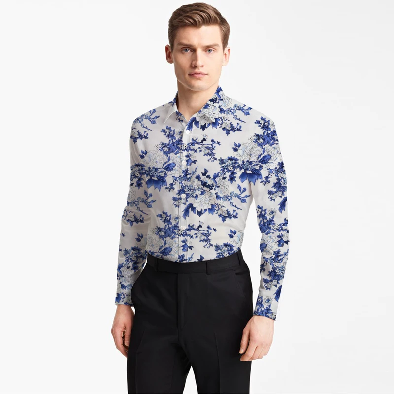 Белая хлопковая с принтом синяя/белая фарфоровая Мужская модная дизайнерская