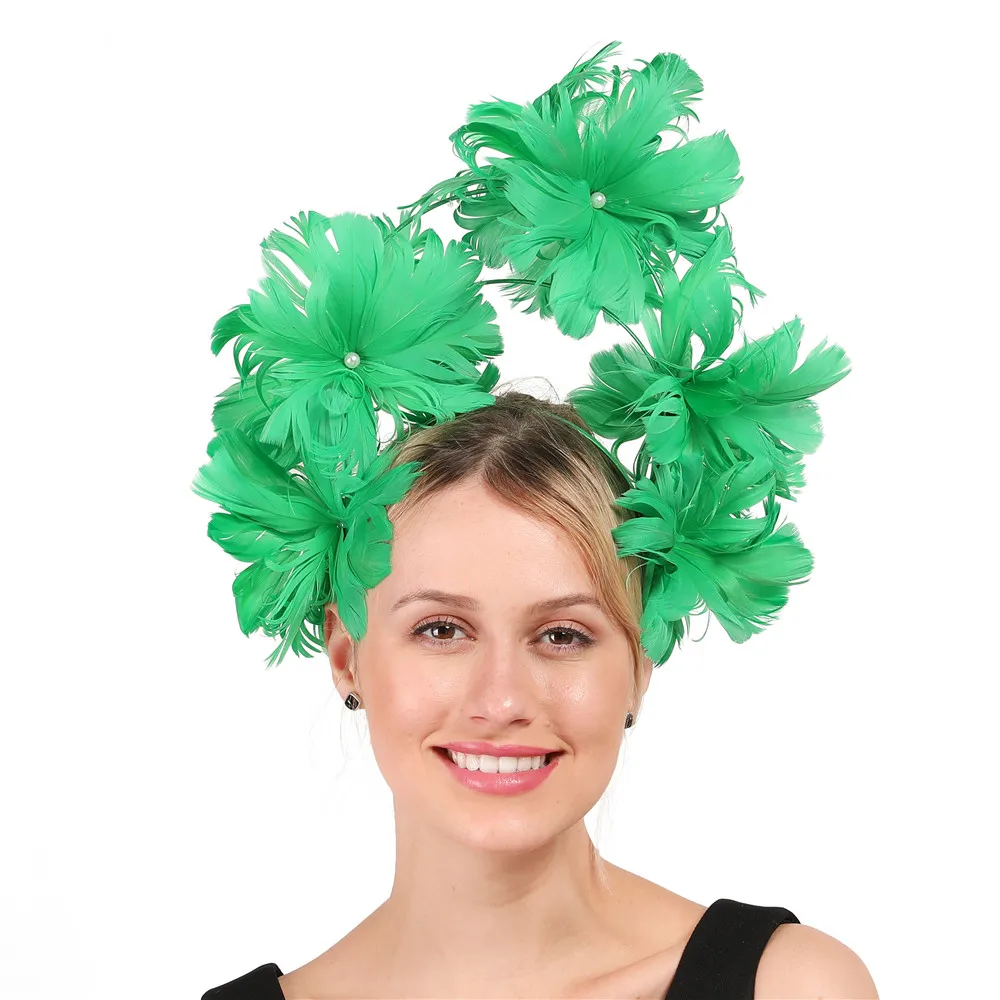 

Charming Green Feather Flowers For Women Party Dancing Satin Covered Metal Hairbands Ribbon Covered HeadBand Hair Accessories