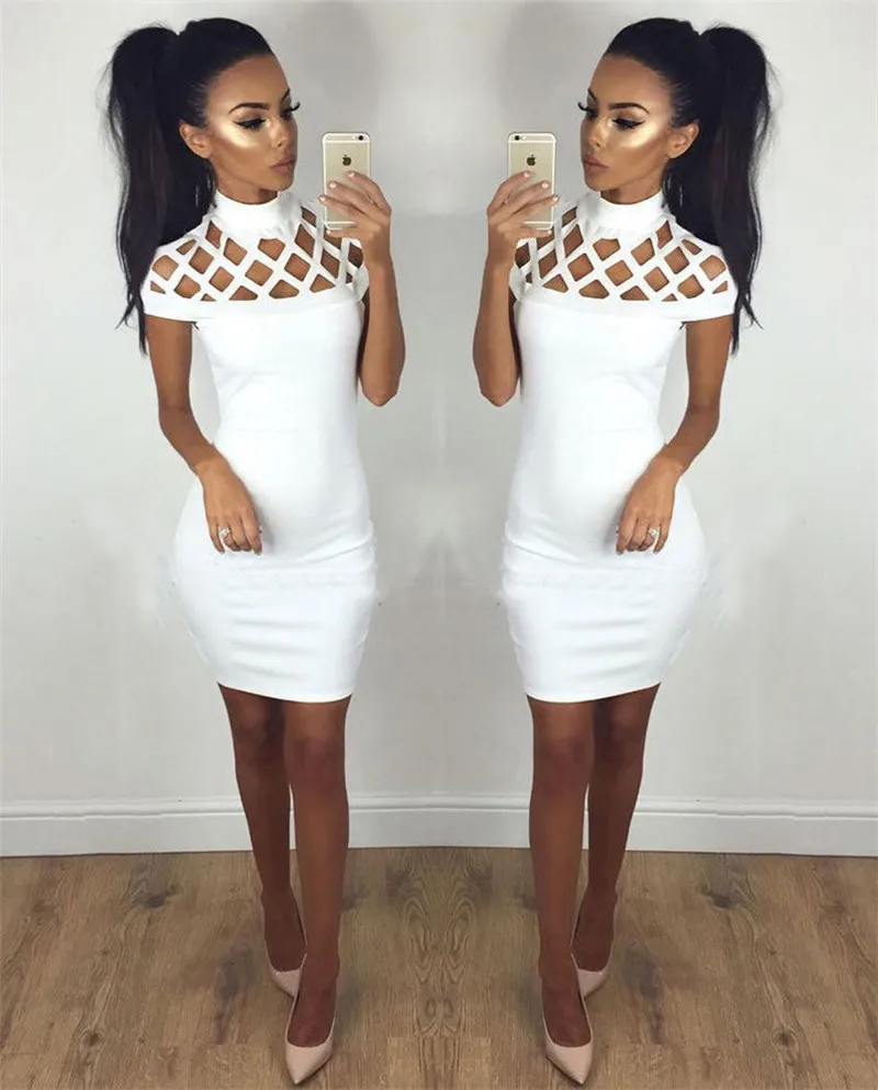 

New Fashion Womens Sexy Hollow Out High Neck Dress Ladies Bodycon Slim Short Sleeve Evening Party Pencil Mini Dress